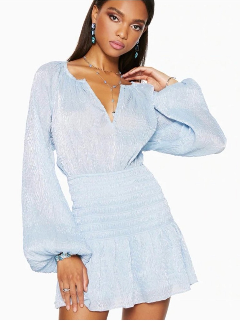 Ramy Brook Bennett Shirred Ruffle Mini Dress Light Blue Size S